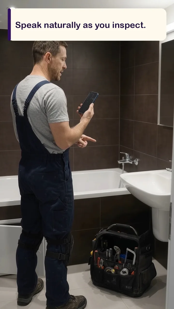 A plumber speaks into his phone while inspecting the bathroom