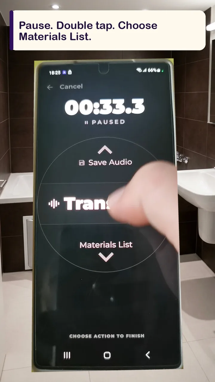 Choosing Materials List after pausing the recording